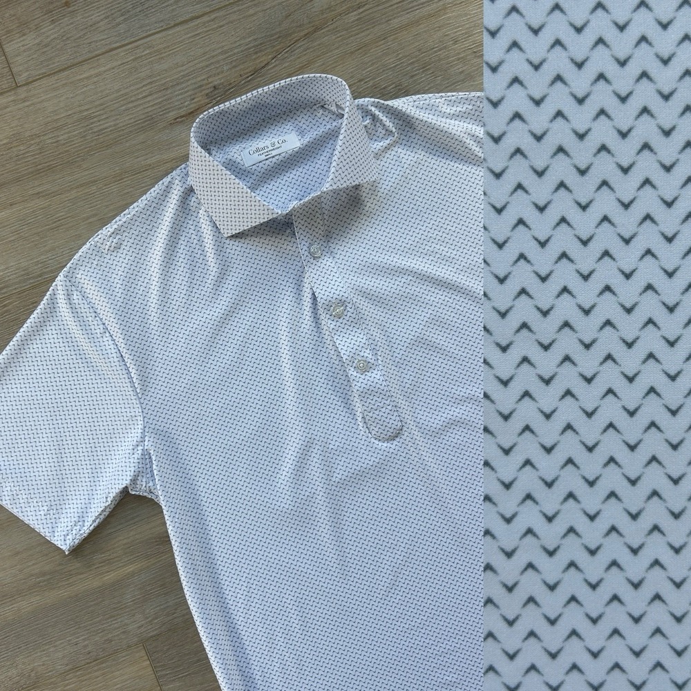 NWOT Collars and Co Small Featherweight Dress Polo White w Gray Waves